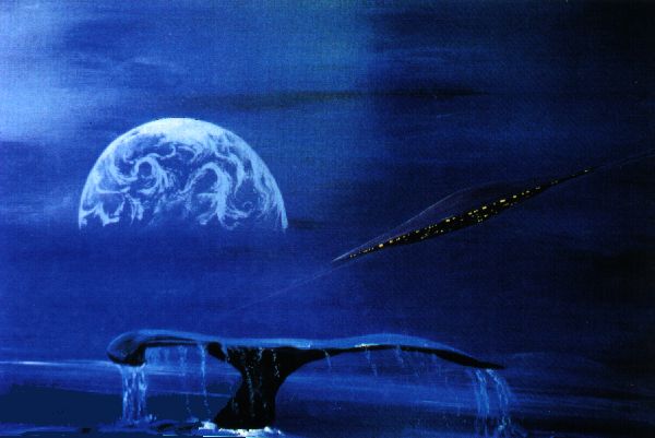A starship in the dark sky of a blue world
Below the saucer shaped spaceship is the tail fin of a just diving cetacean. An other planet on the horizon