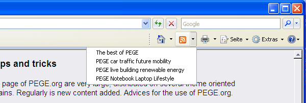 What is there new
All actual browsers can find out by the RSS system what is new on a website. Here explained on the example Internet Explorer MSIE 7.