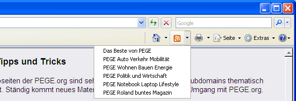 Was gibt es Neues
Alle aktuellen Browser k&ouml;nnen &uuml;ber das RSS System heraus finden, was es f&uuml;r Neuigkeiten auf einer Webseite gibt. Hier erkl&auml;rt am Beispiel Internet Explorer MSIE 7.